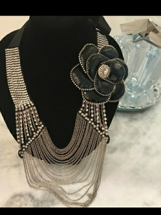 Neiman Marcus Jewelry - Neiman Marcus Black Floral Multi-Chain Bib Necklace with Silver Chains